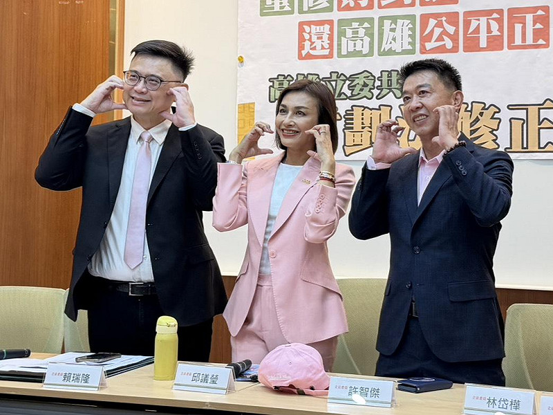 高雄的民進黨立委邱議瑩、賴瑞隆、許智傑今日也穿上粉色衣著、領帶。 圖:金大鈞/攝