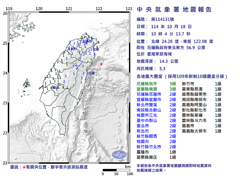 今(18)天上午10時4分台灣東部海域發生規模5.3地震。 圖:取自氣象署