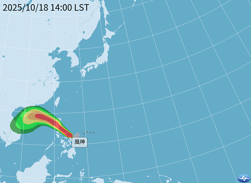 風神颱風今天下午2時的位置在鵝鑾鼻南南東方約1150公里海面上，正朝西北西轉西北方向移動。   圖：取自氣象署