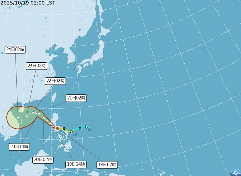 「風神」颱風外圍環流與東北季風交互作用，將使迎風面地區連日出現大雨或豪雨，沿海風浪亦將明顯增大。   圖/中央氣象署