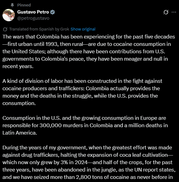 裴卓在 X 上發長文表達誠意。圖:翻攝自 X《Gustavo Petro》 裴卓在 X 上發長文表達誠意。圖:翻攝自 X《Gustavo Petro》
