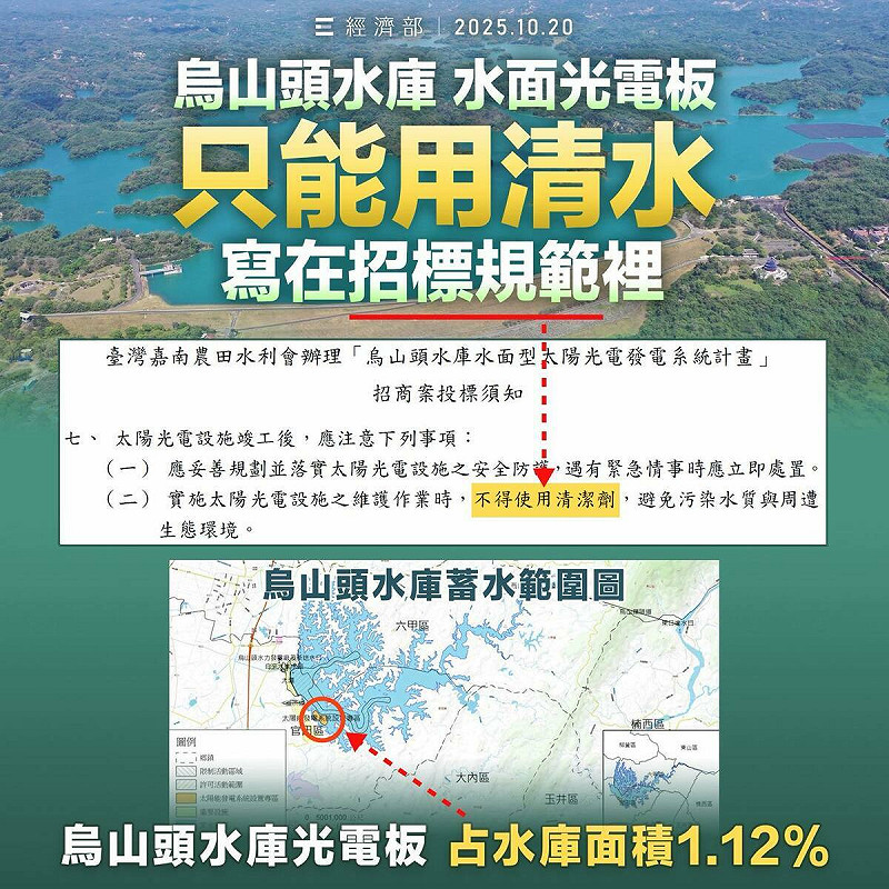 經濟部指出,烏山頭水庫光電板只能用清水清,在招標須知裡明定,嚴禁使用清潔劑。 圖:取自經濟部粉專