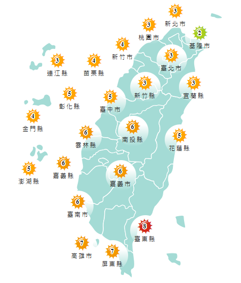 氣象署發布各地紫外線指數預報概況。 圖:氣象署提供