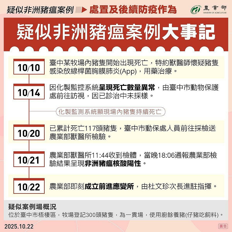 農業部公布首例本土非洲豬瘟案例，台中市烏日區牧場自10/10起異常死亡，10/20死亡達117頭，10/21確診，10/22啟動應變所，杜文珍次長親自指揮防疫工作。   圖：農業部／提供
