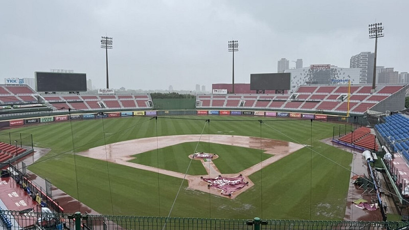 中職總冠軍賽第4戰因樂天桃園球場連日降雨場地積水，延期舉辦。（圖取自facebook.com/heartbaseball）   