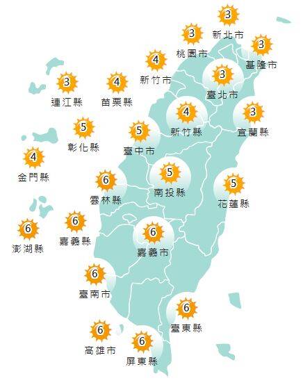 氣象署發布各地紫外線指數預報概況。 圖:氣象署提供