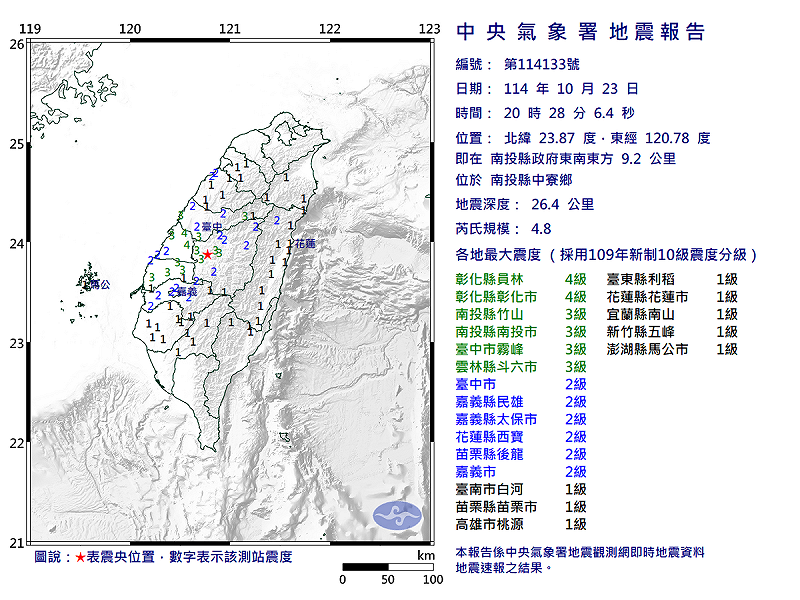 10/23-20:28南投縣中寮鄉發生規模4.8有感地震 圖：中央氣象署   