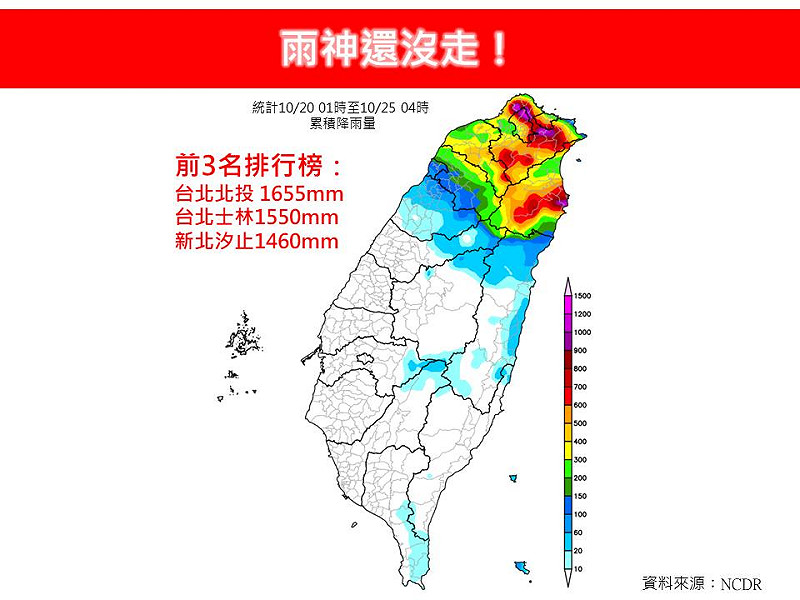 今(25)天東北季風有稍微減弱,但環境水氣仍然偏多,因此基隆北海岸、大台北、宜蘭地區仍有局部大雨。   圖:取自林老師氣象站