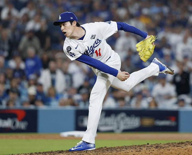 道奇投手佐佐木朗希8局登板。(共同社)