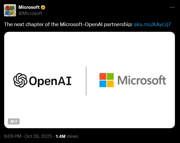 微軟在官方 X 上表示,這是雙方合作的新篇章。圖:翻攝自 X《Microsoft》  微軟在官方 X 上表示,這是雙方合作的新篇章。圖:翻攝自 X《Microsoft》
