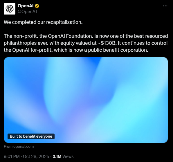 OpenAI 在 X 上的宣布內容。圖:翻攝自 X《OpenAI》 OpenAI 在 X 上的宣布內容。圖:翻攝自 X《OpenAI》