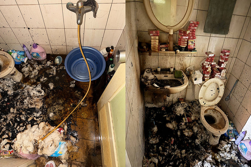 承租人套房環境髒亂,屋內堆置數十個菸盒及菸蒂。   圖:翻攝自臉書「福和里里長-林寅利」
