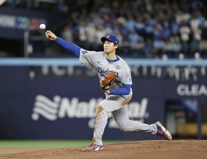 美國職棒世界大賽第7戰，道奇派出大谷翔平先發登板。（共同社）   