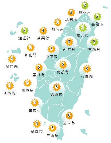 氣象署發布各地紫外線指數預報概況。   圖：氣象署提供