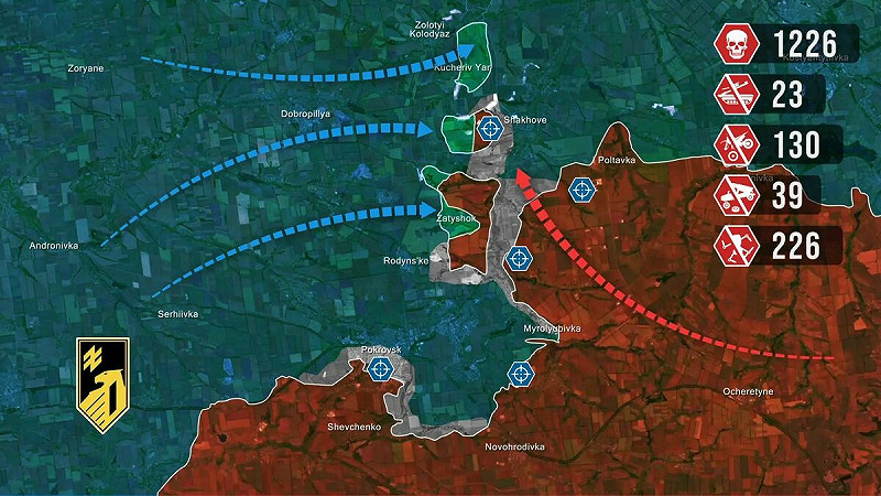 烏克蘭軍隊在多布羅皮利亞附近發動大規模反攻，系統性地消滅孤立無援的俄羅斯部隊。   圖：翻攝自 X @EuromaidanPress