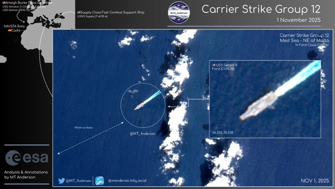 美軍的福特號航母打擊群被發現已航經義大利西西里島，正在逐漸向西前進。 圖：翻攝自 @warsurveillance X 帳號 