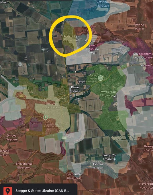  烏軍突入俄方宣稱已控制的地區，並成功奪回紅軍城以北的羅丁斯克部分區域。 圖：翻攝自 X 