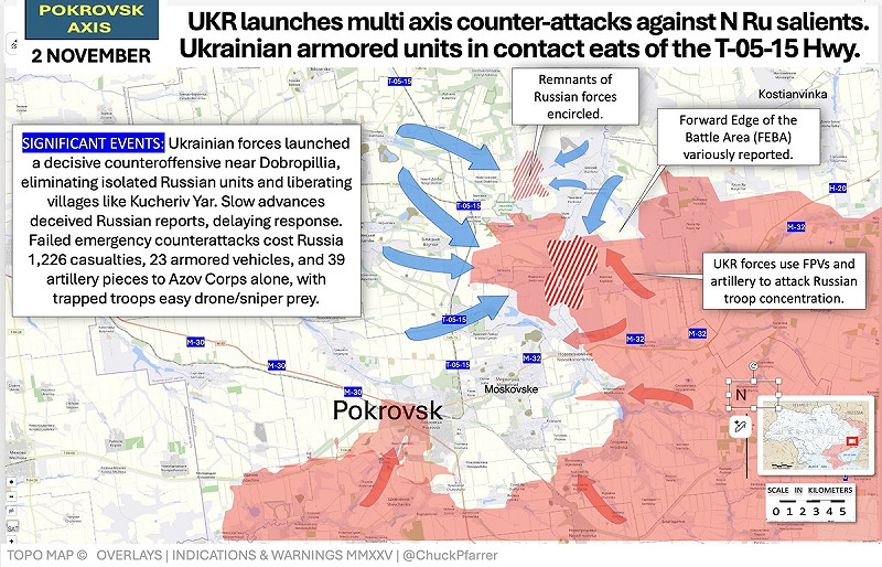  此戰鬥地圖顯示藍色箭頭標示烏軍推進與紅色區域包圍俄軍殘部。 圖：翻攝自 X @ChuckPfarrer 