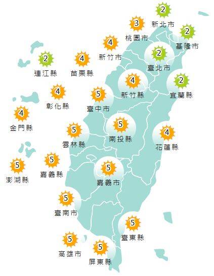 氣象署發布各地紫外線指數預報概況。   圖：氣象署提供