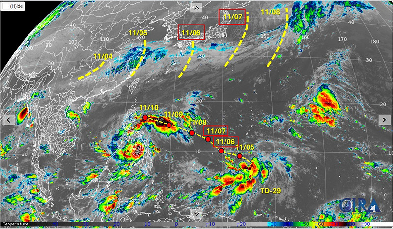 吳聖宇強調，TD-29會是一個不好預報的的系統，目前預報資料大多認為一路走到呂宋島附近，來到太平洋高壓的西端，然後順著高壓邊緣開始轉向。   圖：天氣職人吳聖宇臉書粉專
