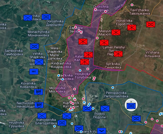根據前線消息，庫皮揚斯克（Kupiansk）西北部與中部地區戰鬥持續激烈，俄軍正從薩多瓦街方向向尤比列伊內微區發動攻勢。 圖:翻攝自X帳號@secretsqrl123