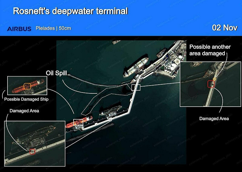 衛星影像顯示，烏軍無人機空襲後，黑海沿岸圖阿普謝港油輸出終端出現嚴重損毀。   圖：翻攝自 X @NOELreports