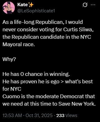 一名自稱堅定的共和黨員，在 X 發文表示支持古莫。   圖：翻攝自 X《Kate》