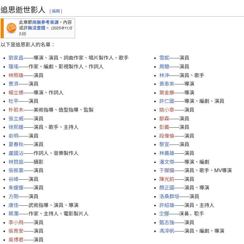 有網友發現，維基百科上第62屆金馬獎追思名單中出現于朦朧的名字。   圖：翻攝自維基百科