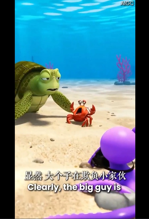 新華社動畫將中國比作「無害的海龜」，在海床上悠遊卻遭「小螃蟹」（暗指菲律賓）挑釁，並被「章魚」（暗示美國）拍到解說成大欺小。   圖：截取「X」@XHNews