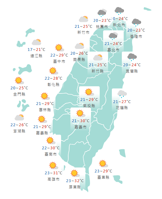  氣象署公布各地天氣預報概況。   圖：氣象署提供