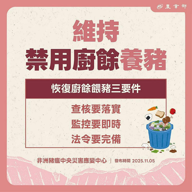 應變中心強調廚餘養豬持續禁用，農業部稱在查核、監控、法令未完善前不恢復，期間將提供飼料差額補助協助業者。   圖：農業部／提供