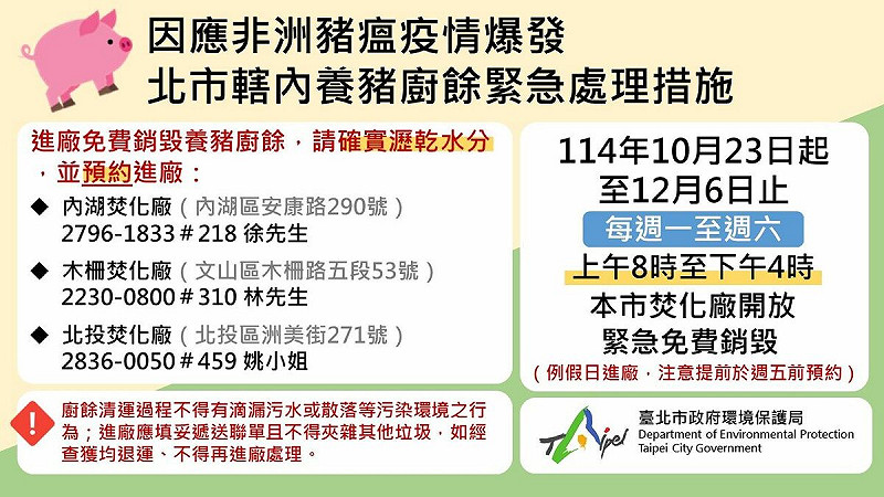 台北市環保局宣布，12月6日前開放台北市共3座焚化廠免費銷毀非家戶養豬廚餘。   圖：台北市政府環保局／提供