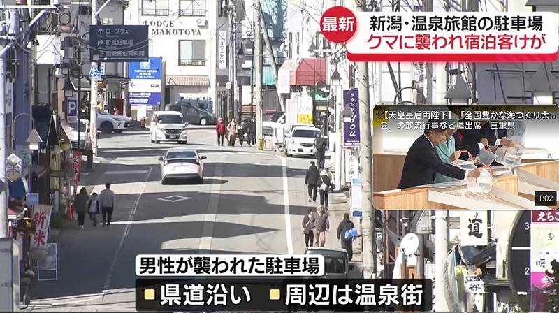 連越後湯澤車站附近的大型溫泉旅館門口停車塲都有旅客遭熊侵襲受傷。   圖：翻攝NTV電視官網