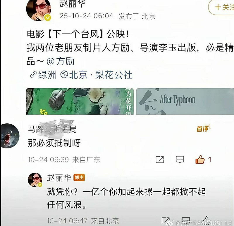 作家趙麗華就曾跳出來力挺方勵嗆于朦朧極其支持者，「就憑你？一億個你加起來摞一起都先不起任何風浪」引起軒然大波。   圖：翻攝自網路