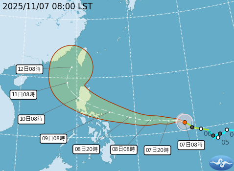鳳凰颱風10日將以「中度上限、可能強烈」的規模進入呂宋島，同天就會從呂宋島出海，之後預計會北轉朝台灣方向而來，11、12日對台灣影響最大。   圖：取自氣象署