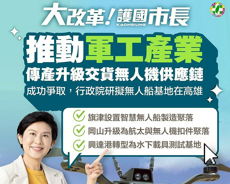 林岱樺護國產業政策之一，推動軍工產業，傳產升級交貨無人機供應鏈。   圖：林岱樺辦公室/提供