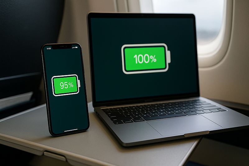英、美多家航空重申規定，乘客可攜帶電子產品登機，但須保持電量充足，以便在安檢時示範裝置能運作。（圖為電量充足示意圖）   圖：AI 製圖