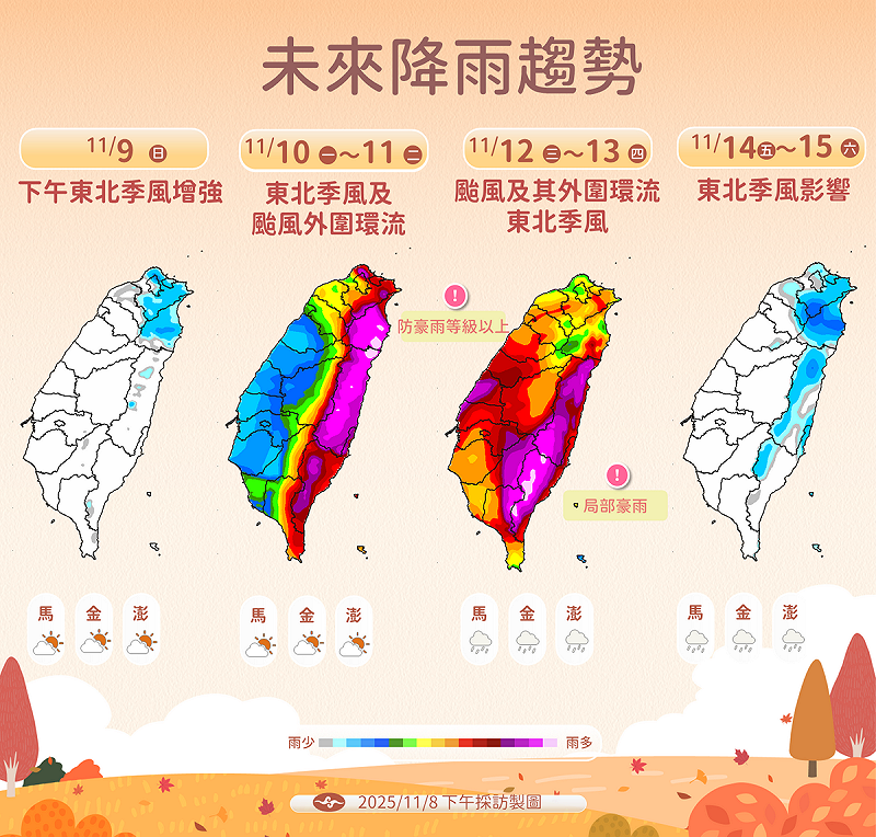 鳳凰颱風外圍與東北季風接連影響，全台10日至13日雨勢最強，局部恐達豪雨等級。   圖：氣象署／提供