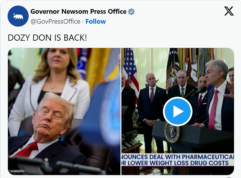 加州州長紐森在社群平台上貼出川普於白宮會議中「閉目養神」的畫面，諷刺寫下「瞌睡唐又來了！（Dozy Don is back!）」，引發網友熱烈討論。   圖:翻攝自Governor Newsom Press Office X社群平台