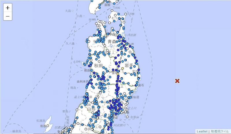 日本時間９日下午5時3分（台北時間4時3分）發生規模6.7地震，岩手縣、宮城縣觀測到最大震度4。（圖取自日本氣象廳網頁data.jma.go.jp）   
