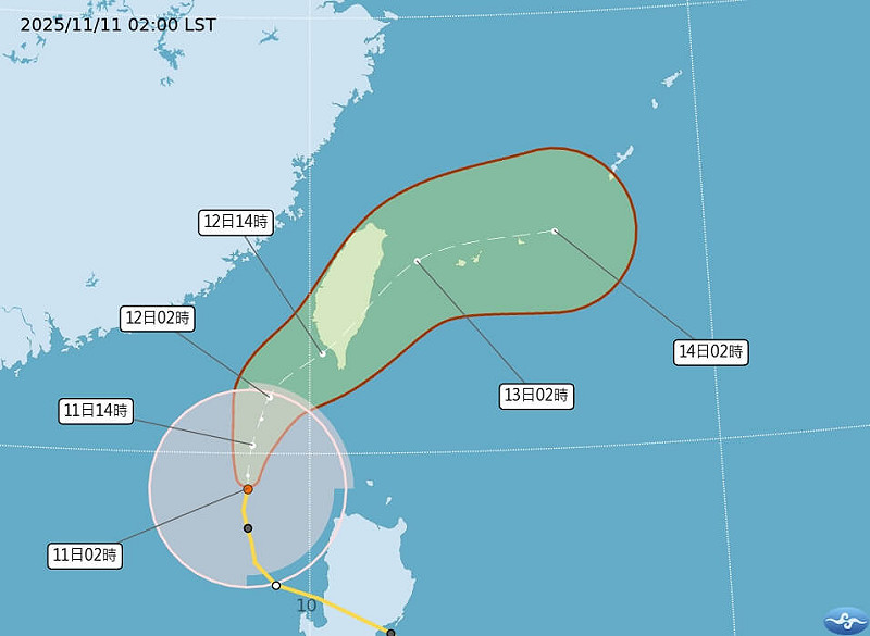 中央氣象署11日颱風鳳凰最新路徑預測圖。   圖：氣象署提供
