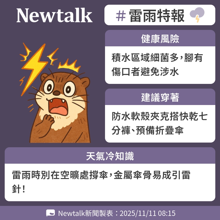 雷雨時別在空曠處撐傘，金屬傘骨易成引雷針！ 圖：Newtalk製表   