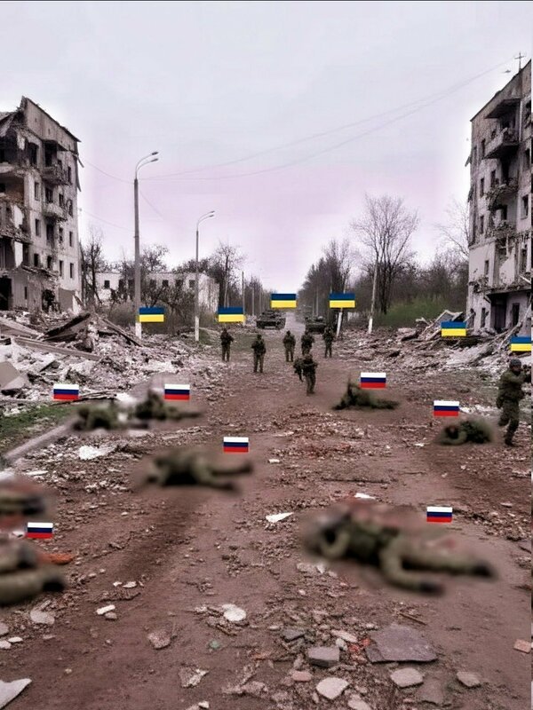 X 帳號使用者 @rainbow78521 上傳一張據稱攝於庫皮揚斯克的照片，畫面中滿地屍體被指是「全軍覆沒的俄軍」。但有網友質疑照片為 AI 生成，指出畫面中「烏軍士兵」穿著的其實是俄軍 EMR 迷彩，且屍體倒地姿勢過於整齊，不符戰場實況。   圖:翻攝自X帳號@rainbow78521