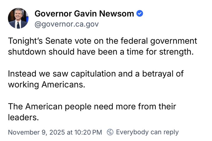  然而，加州州長紐森卻對 8 名「倒戈」的民主黨議員進行嚴厲批評，質疑相關行為「背叛了美國的勞動人民」。 圖：翻攝自 @fangshimin X 帳號 