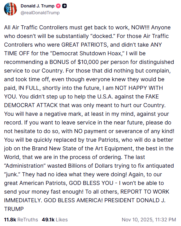  川普在 Truth Social 上發文要求航空管制員繼續工作。圖：翻攝自 Truth Social《Donald J. Trump》