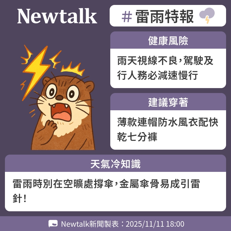 雷雨時別在空曠處撐傘，金屬傘骨易成引雷針！ 圖：Newtalk製表   