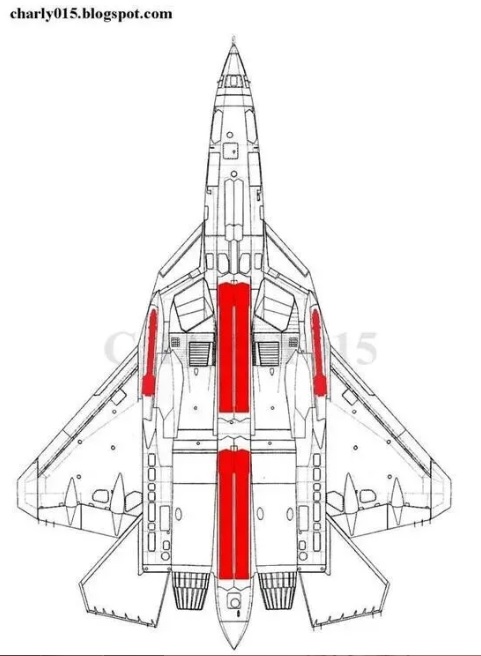  雖然距離蘇-57 首次試飛已經經過 15 年，但該款戰機仍有許多細節尚未被公開。圖為蘇-57 彈艙位置。 圖：翻攝自 騰訊網 蔣蔣烽火談 