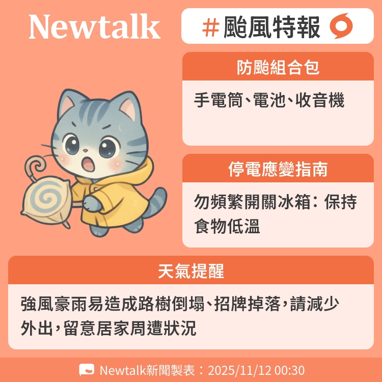 強風豪雨易造成路樹倒塌、招牌掉落，請減少外出，留意居家周遭狀況 圖：Newtalk製表   