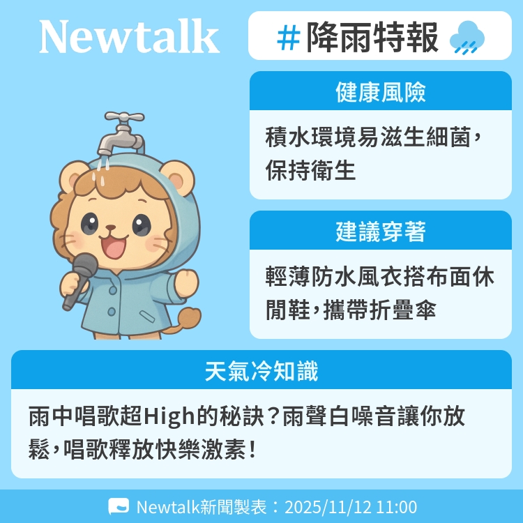 雨中唱歌超High的秘訣？雨聲白噪音讓你放鬆，唱歌釋放快樂激素！ 圖：Newtalk製表   