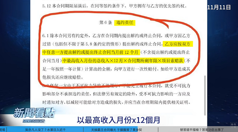 合約內容提到「藝人若提出解約，需向公司一次性支付最高月收入乘上12，再乘上合約所剩年限的賠償金，還要乘上項目索賠款」。   圖：翻攝自新聞看點李沐陽YT頻道